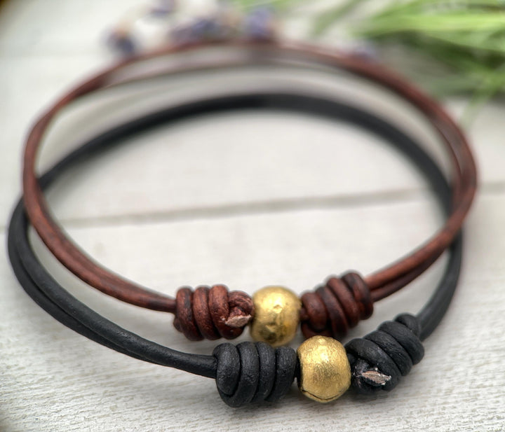 African Coin Silver Bead and Leather Anklet or Bracelet - Adjustable Size - Rustic Brown or Black Leather - SunlightSilver