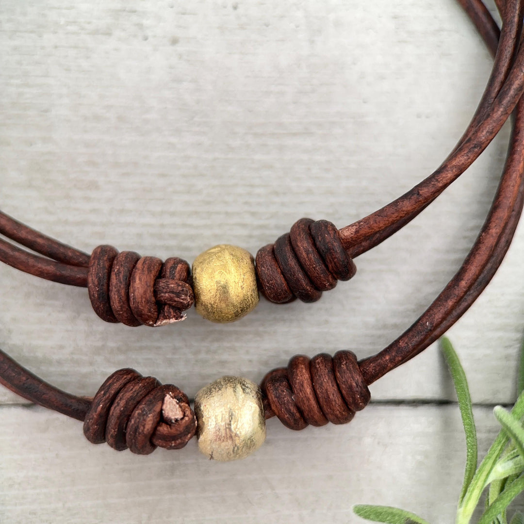 African Coin Silver Bead and Leather Anklet or Bracelet - Adjustable Size - Rustic Brown or Black Leather - SunlightSilver