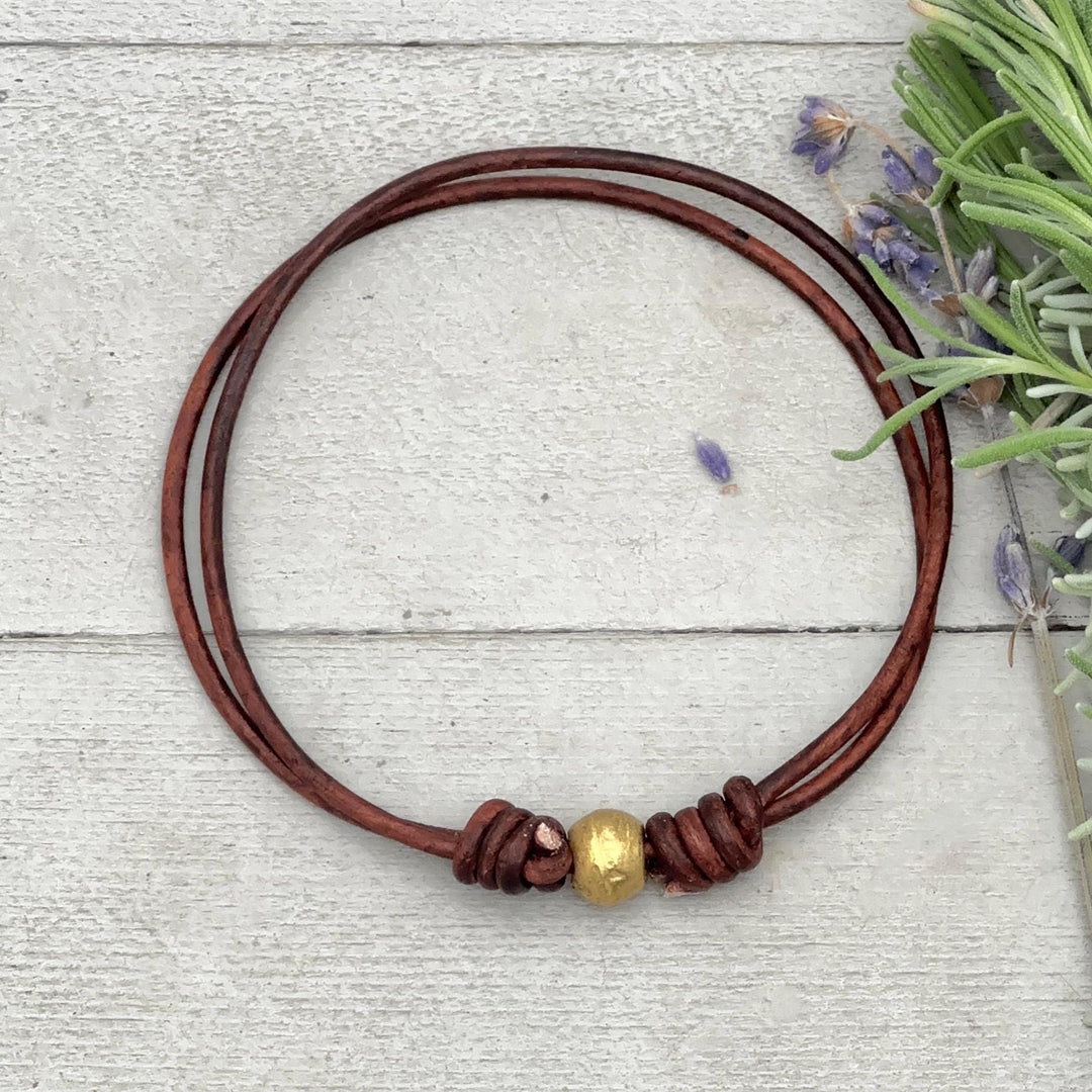 African Coin Silver Bead and Leather Anklet or Bracelet - Adjustable Size - Rustic Brown or Black Leather - SunlightSilver