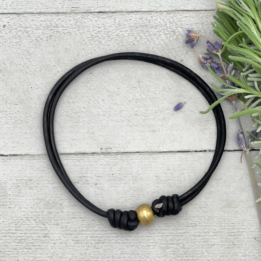 African Coin Silver Bead and Leather Anklet or Bracelet - Adjustable Size - Rustic Brown or Black Leather - SunlightSilver