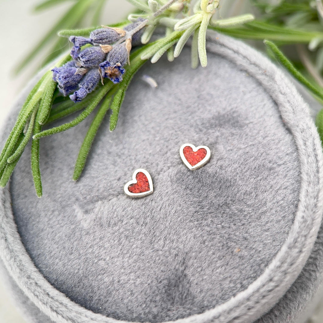 Tiny Red Coral Sterling Silver Heart Stud - Inlay Post Earrings - SunlightSilver