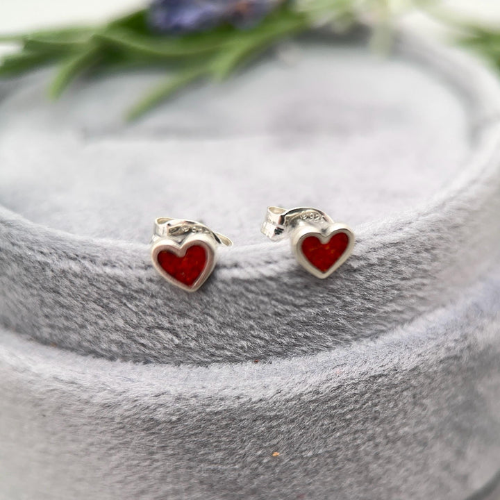 Tiny Red Coral Sterling Silver Heart Stud - Inlay Post Earrings - SunlightSilver