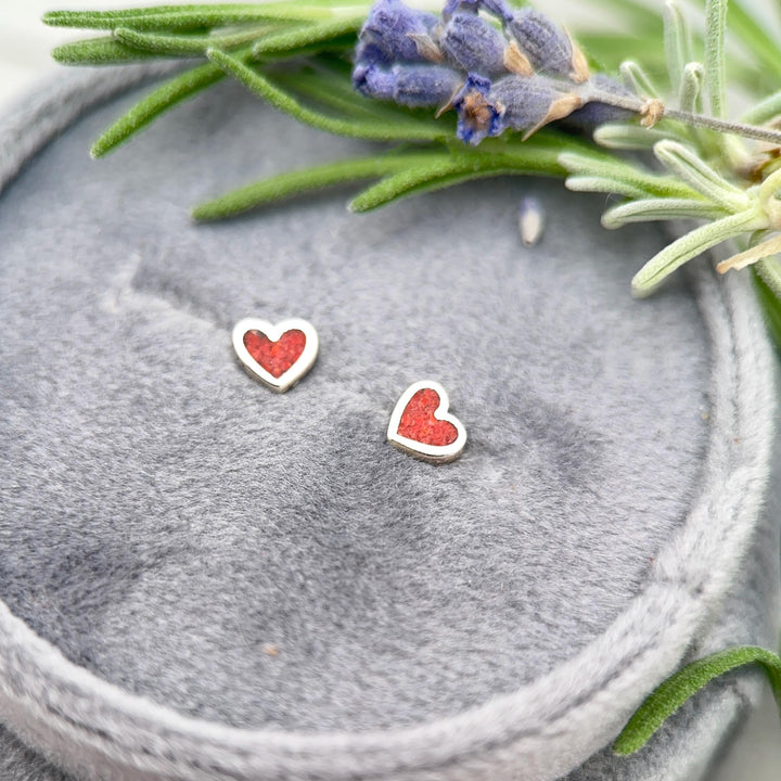 Tiny Red Coral Sterling Silver Heart Stud - Inlay Post Earrings - SunlightSilver