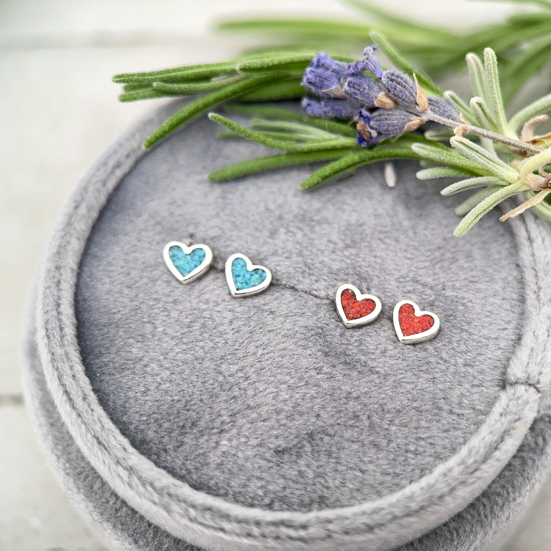 Tiny Red Coral Sterling Silver Heart Stud - Inlay Post Earrings - SunlightSilver