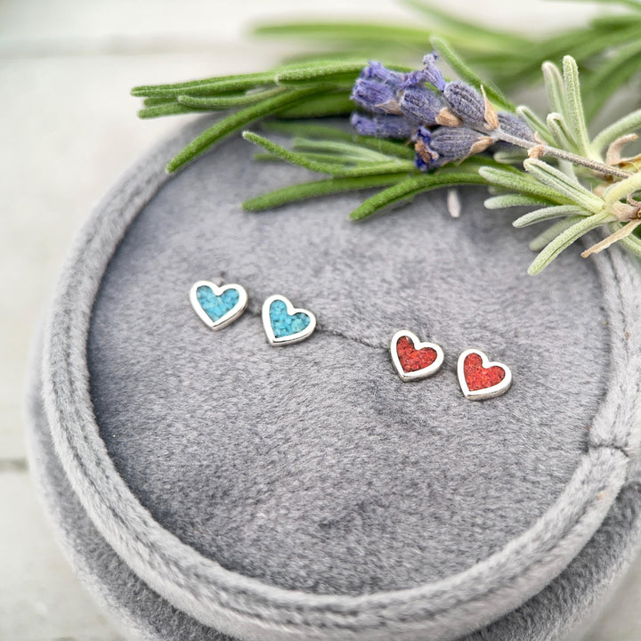 Tiny Red Coral Sterling Silver Heart Stud - Inlay Post Earrings - SunlightSilver