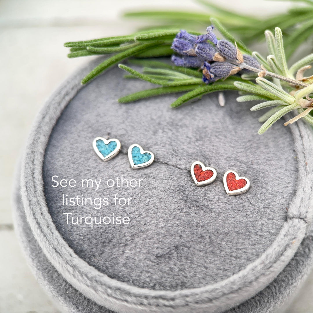 Tiny Red Coral Sterling Silver Heart Stud - Inlay Post Earrings - SunlightSilver