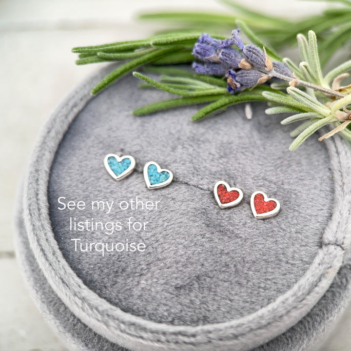 Tiny Red Coral Sterling Silver Heart Stud - Inlay Post Earrings - SunlightSilver