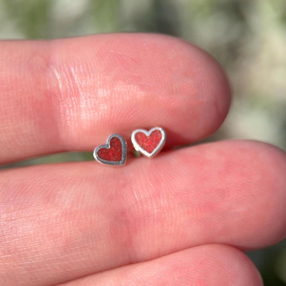 Tiny Red Coral Sterling Silver Heart Stud - Inlay Post Earrings - SunlightSilver