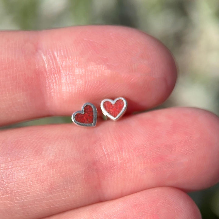 Tiny Red Coral Sterling Silver Heart Stud - Inlay Post Earrings - SunlightSilver