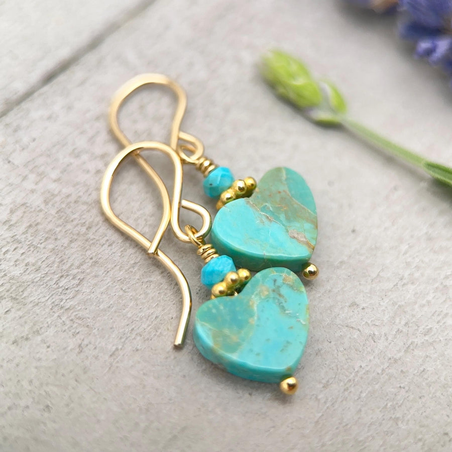 Kingman Turquoise Heart Earrings 14k Gold Fill | Arizona Turquoise Jewelry | Southwestern Gold Heart Earrings - SunlightSilver
