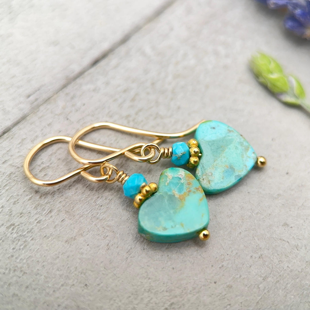 Kingman Turquoise Heart Earrings 14k Gold Fill | Arizona Turquoise Jewelry | Southwestern Gold Heart Earrings - SunlightSilver