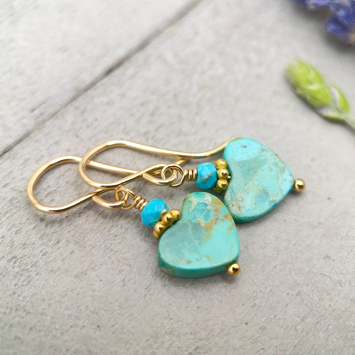 Kingman Turquoise Heart Earrings 14k Gold Fill | Arizona Turquoise Jewelry | Southwestern Gold Heart Earrings - SunlightSilver