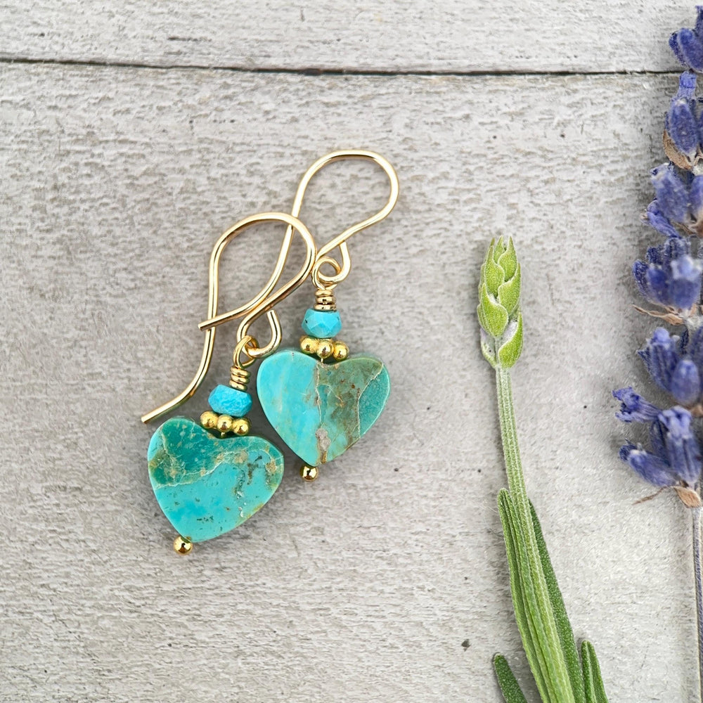 Kingman Turquoise Heart Earrings 14k Gold Fill | Arizona Turquoise Jewelry | Southwestern Gold Heart Earrings - SunlightSilver