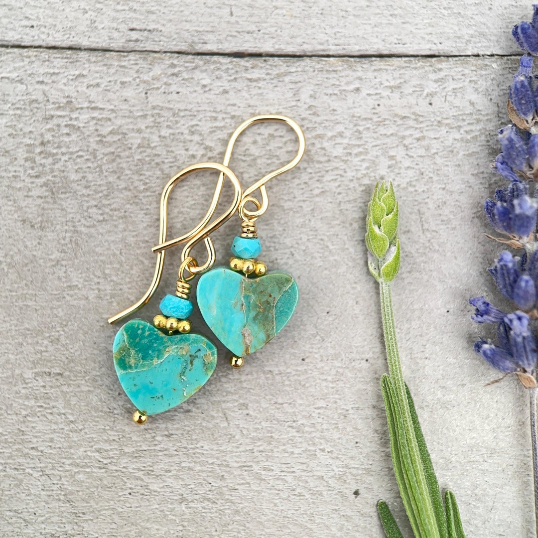 Kingman Turquoise Heart Earrings 14k Gold Fill | Arizona Turquoise Jewelry | Southwestern Gold Heart Earrings - SunlightSilver