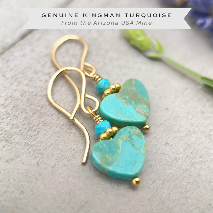 Kingman Turquoise Heart Earrings 14k Gold Fill | Arizona Turquoise Jewelry | Southwestern Gold Heart Earrings - SunlightSilver