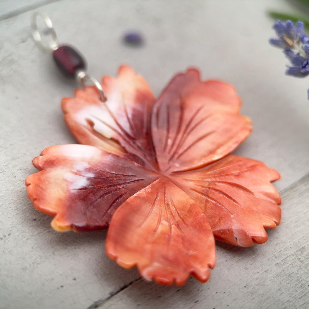 Spiny Oyster Pendant | Large Orange-Red Carved Shell Flower | Sterling Silver Jewelry - LAST ONES! - SunlightSilver