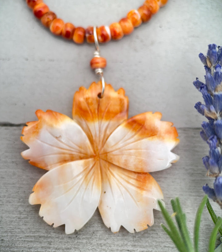 Spiny Oyster Pendant | Large Orange-Red Carved Shell Flower | Sterling Silver Jewelry - LAST ONES! - SunlightSilver