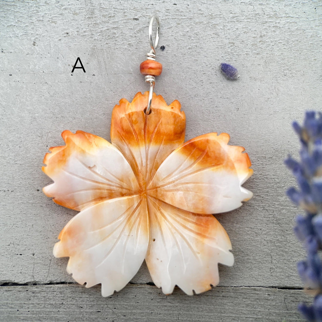 Spiny Oyster Pendant | Large Orange-Red Carved Shell Flower | Sterling Silver Jewelry - LAST ONES! - SunlightSilver