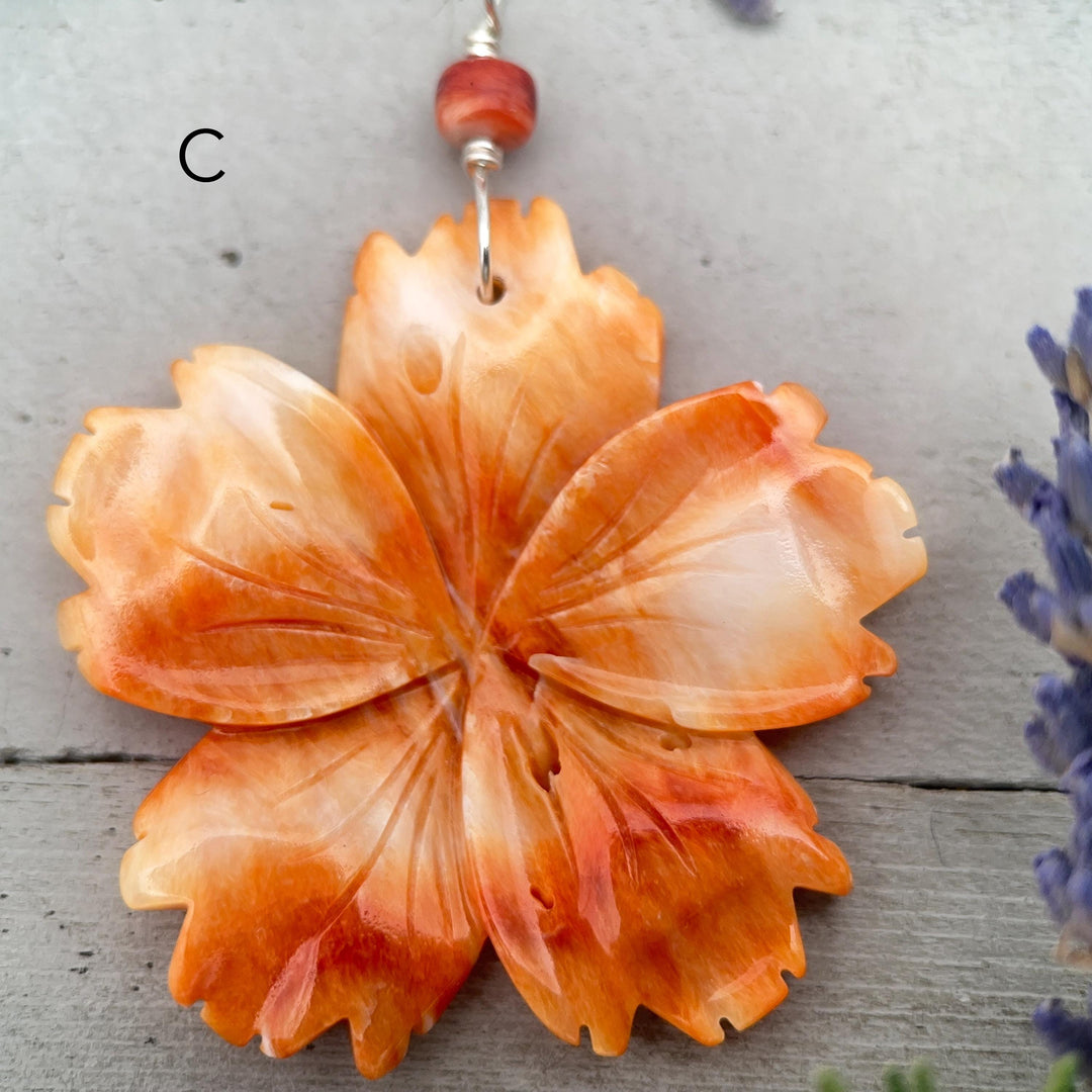 Spiny Oyster Pendant | Large Orange-Red Carved Shell Flower | Sterling Silver Jewelry - LAST ONES! - SunlightSilver