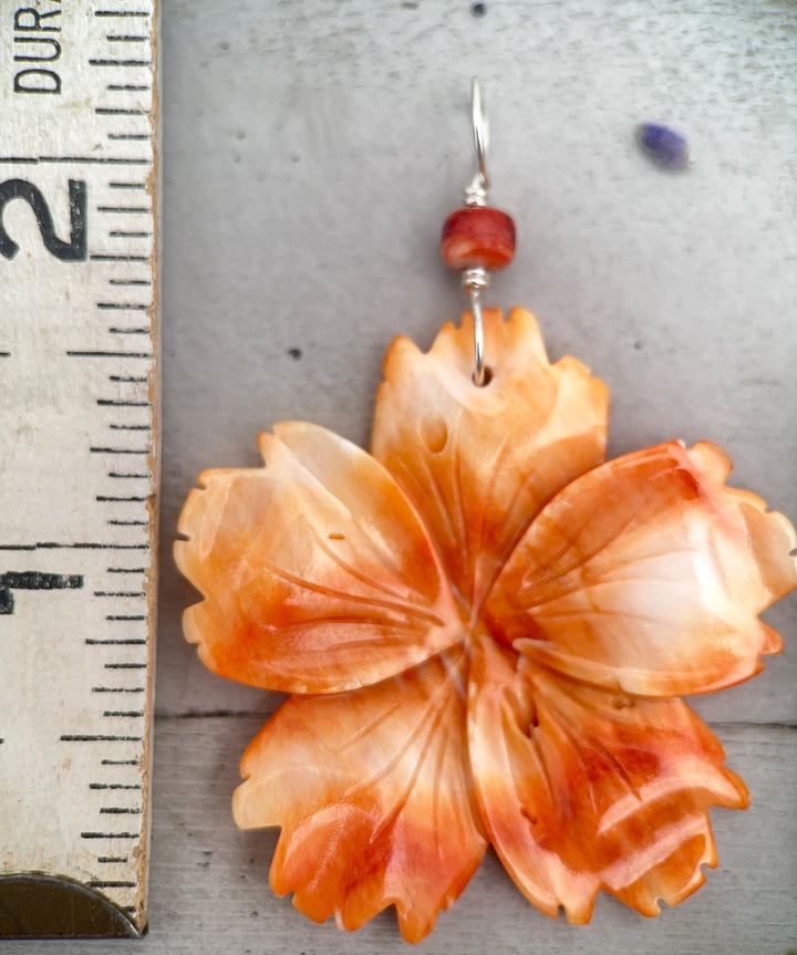 Spiny Oyster Pendant | Large Orange-Red Carved Shell Flower | Sterling Silver Jewelry - LAST ONES! - SunlightSilver