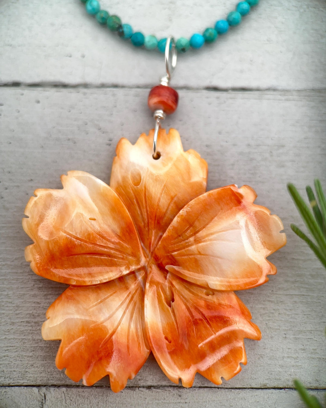 Spiny Oyster Pendant | Large Orange-Red Carved Shell Flower | Sterling Silver Jewelry - LAST ONES! - SunlightSilver