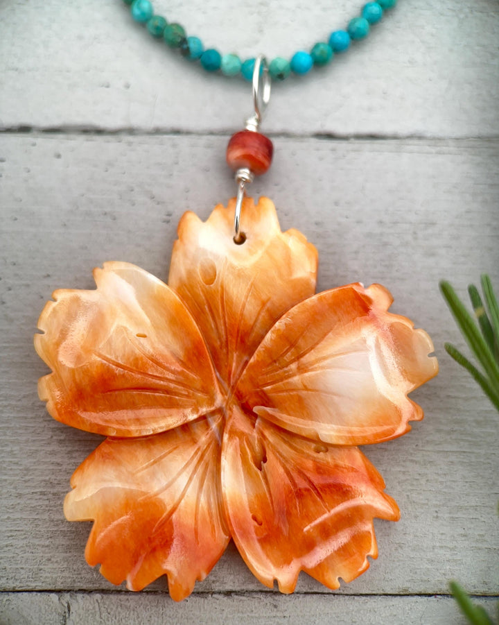 Spiny Oyster Pendant | Large Orange-Red Carved Shell Flower | Sterling Silver Jewelry - LAST ONES! - SunlightSilver