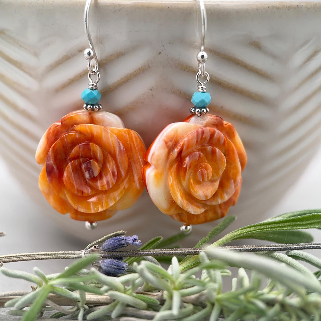 Spiny Oyster & Turquoise Earrings - Sterling Silver – Orange-Red Carved Shell Rose Flower Jewelry - SunlightSilver