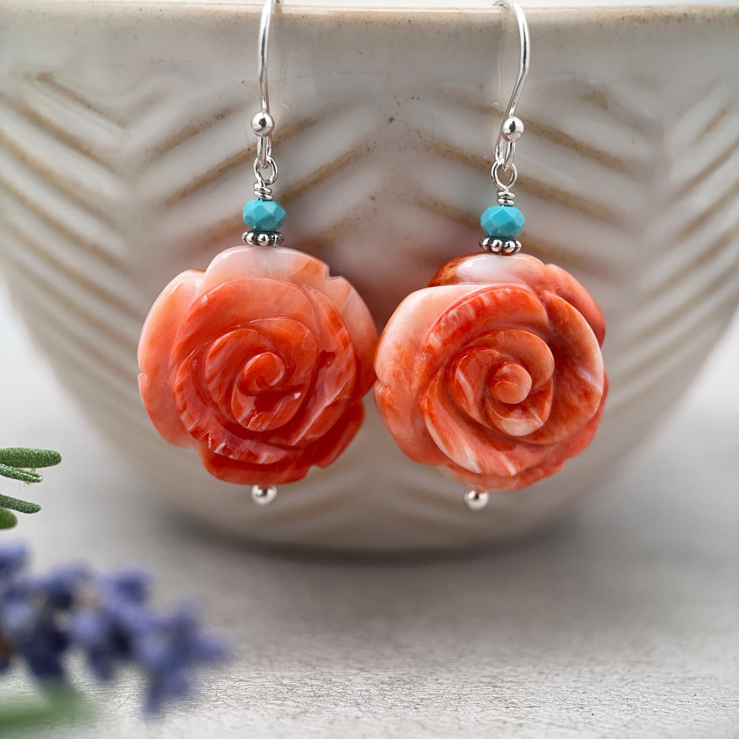 Spiny Oyster & Turquoise Earrings - Sterling Silver – Orange-Red Carved Shell Rose Flower Jewelry - SunlightSilver