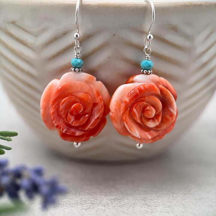 Spiny Oyster & Turquoise Earrings - Sterling Silver – Orange-Red Carved Shell Rose Flower Jewelry - SunlightSilver
