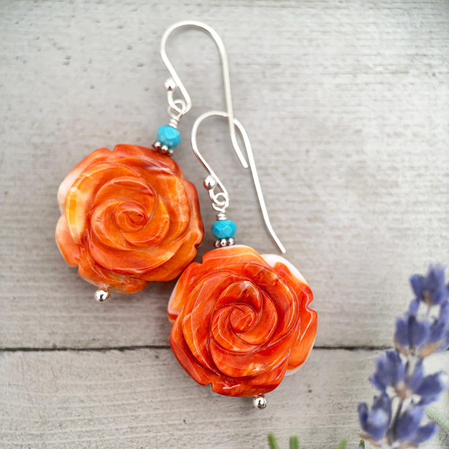 Spiny Oyster & Turquoise Earrings - Sterling Silver – Orange-Red Carved Shell Rose Flower Jewelry - SunlightSilver