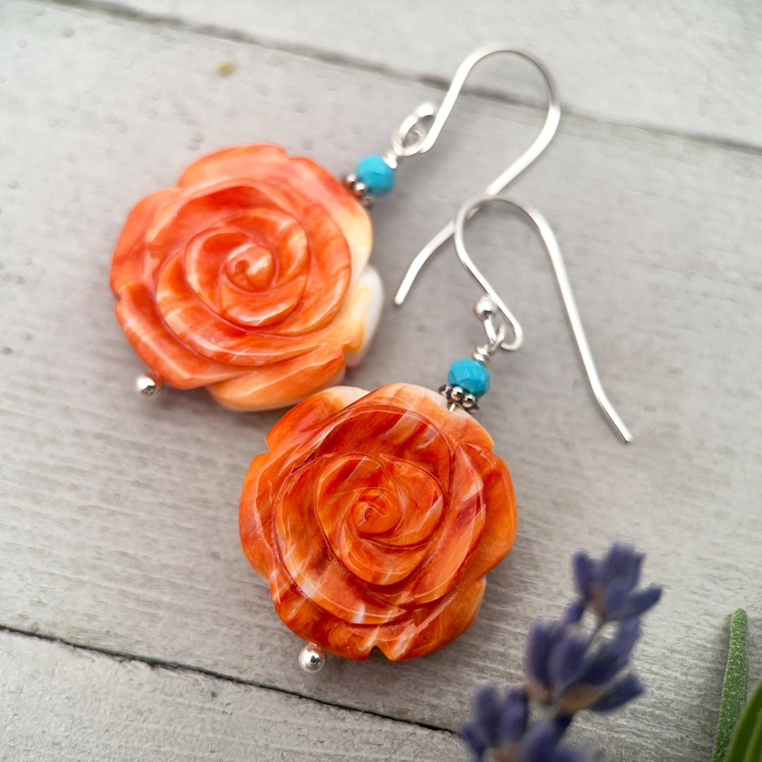 Spiny Oyster & Turquoise Earrings - Sterling Silver – Orange-Red Carved Shell Rose Flower Jewelry - SunlightSilver