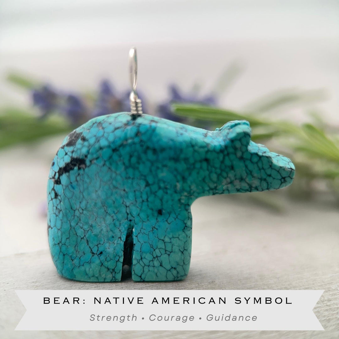 Vintage Zuni Carved Turquoise Bear Pendant – Solid 925 Sterling Silver - SunlightSilver