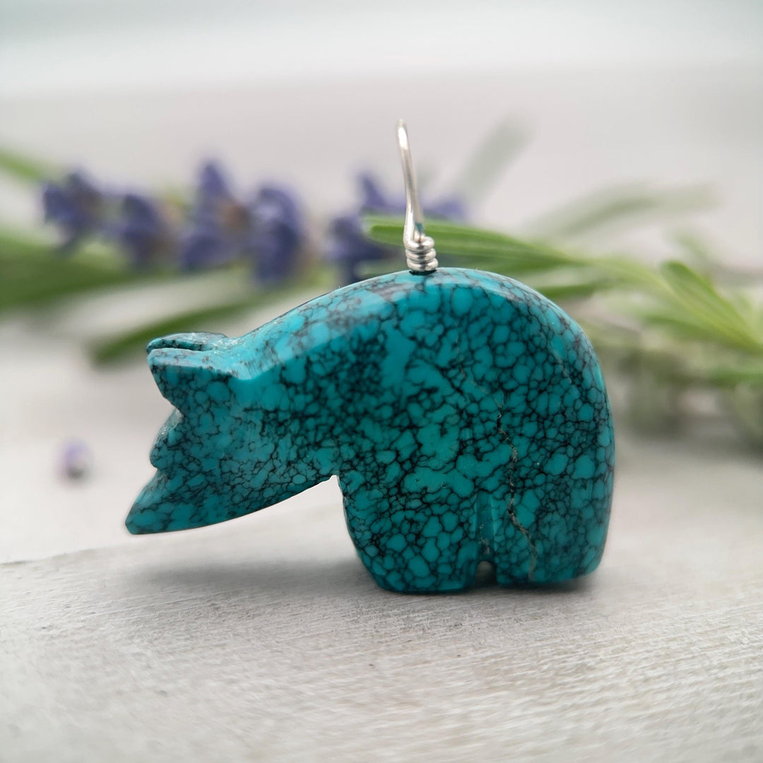 Vintage Zuni Carved Turquoise Bear Pendant – Solid 925 Sterling Silver - SunlightSilver