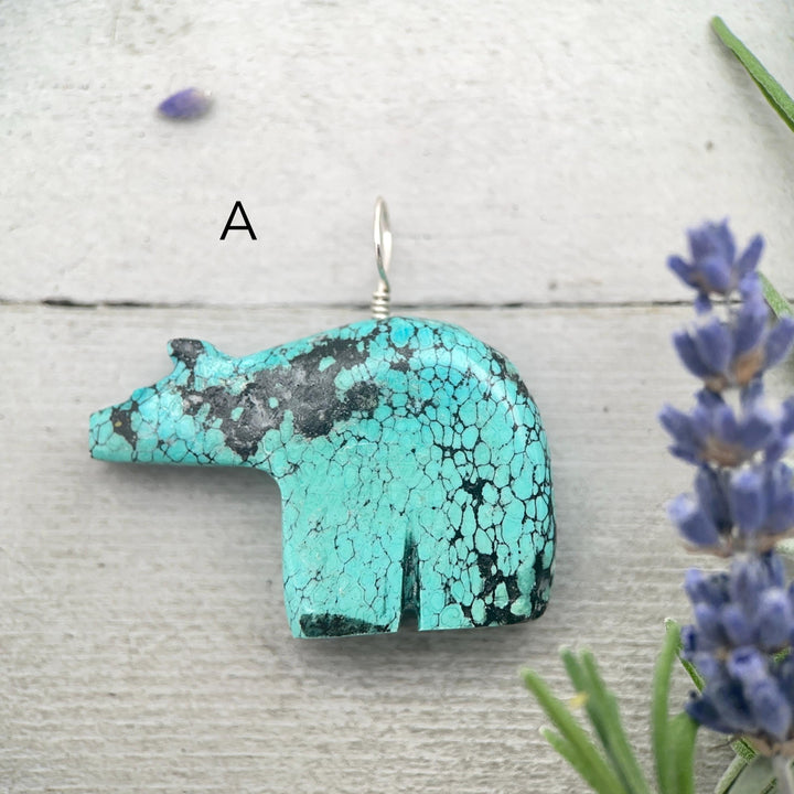 Vintage Zuni Carved Turquoise Bear Pendant – Solid 925 Sterling Silver - SunlightSilver
