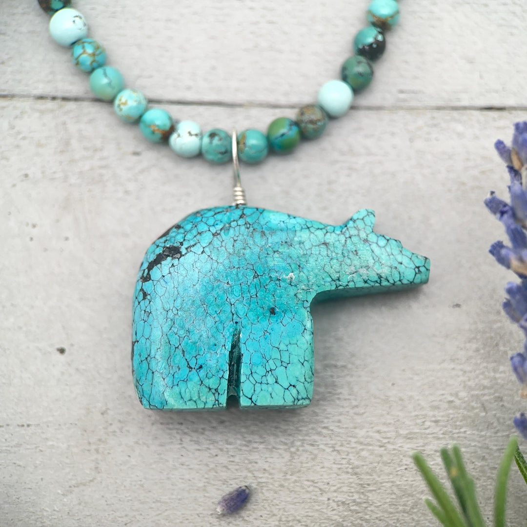 Vintage Zuni Carved Turquoise Bear Pendant – Solid 925 Sterling Silver - SunlightSilver