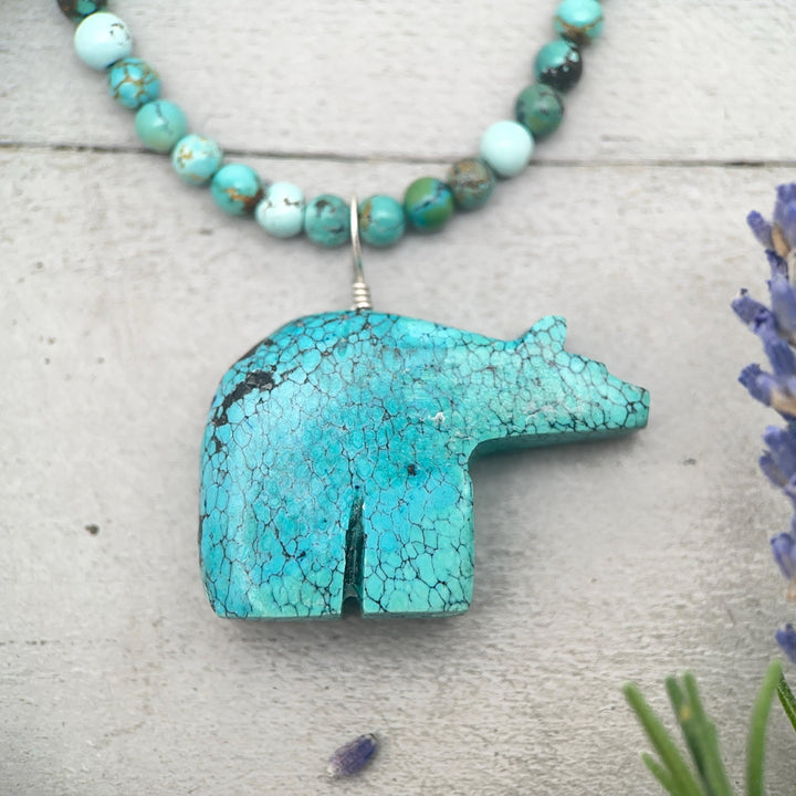 Vintage Zuni Carved Turquoise Bear Pendant – Solid 925 Sterling Silver - SunlightSilver