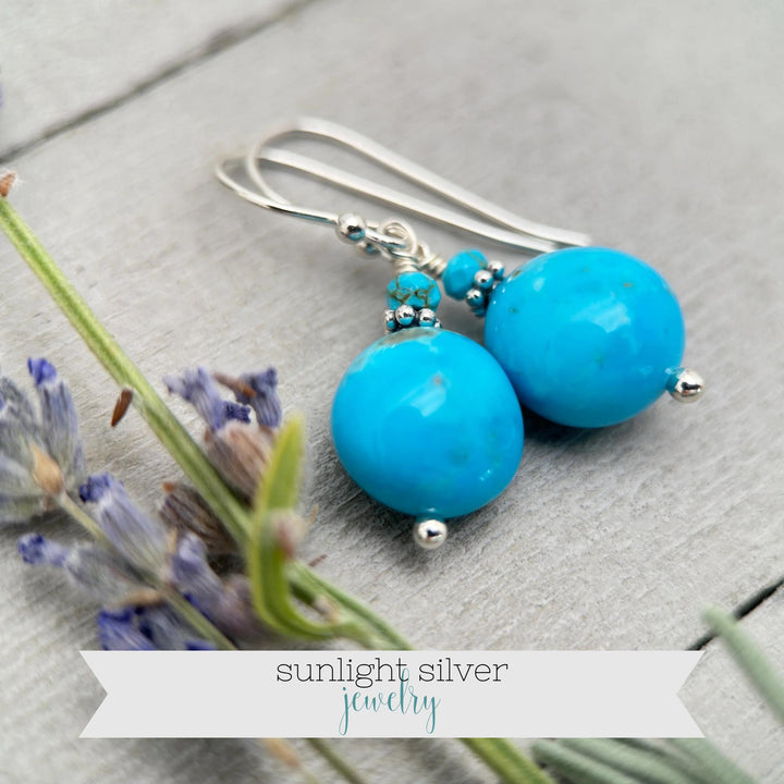 Kingman Turquoise Nugget Earrings – Bright Blue Arizona Turquoise with Sterling Silver – Handmade in the USA - SunlightSilver