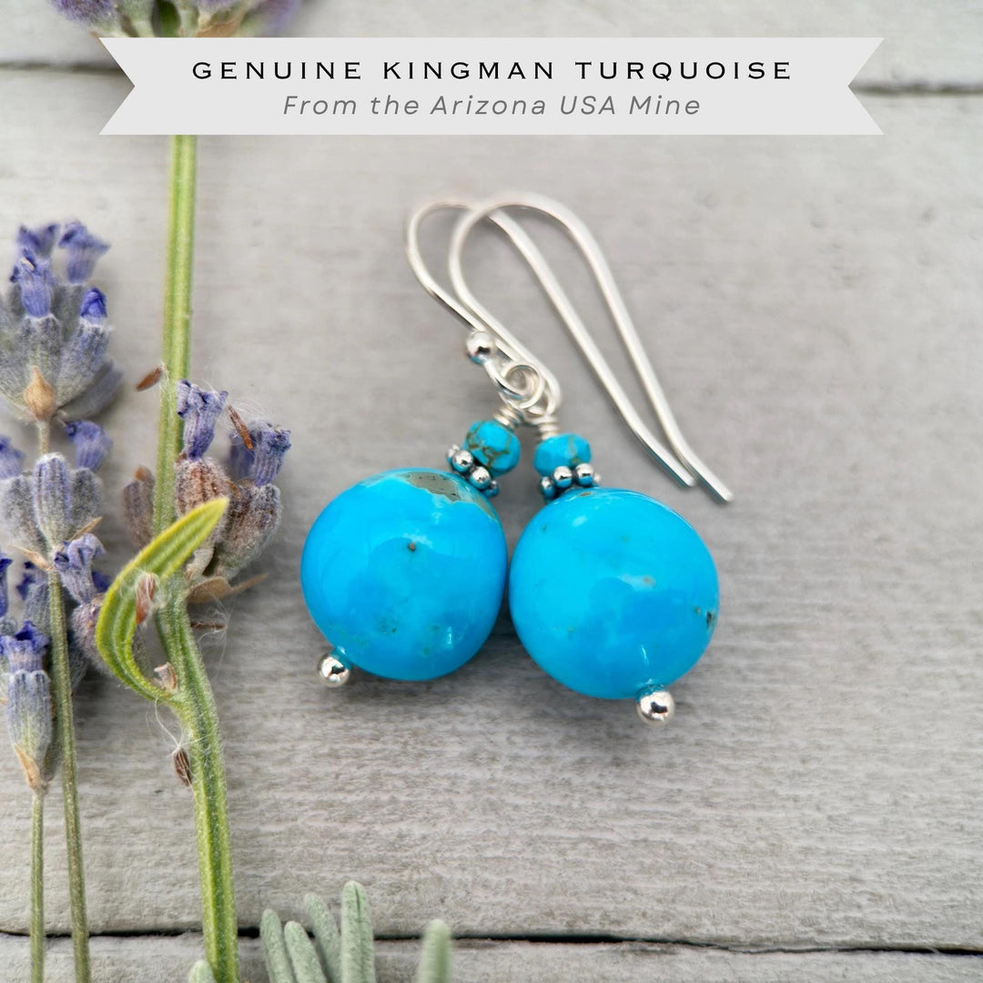 Kingman Turquoise Nugget Earrings – Bright Blue Arizona Turquoise with Sterling Silver – Handmade in the USA - SunlightSilver
