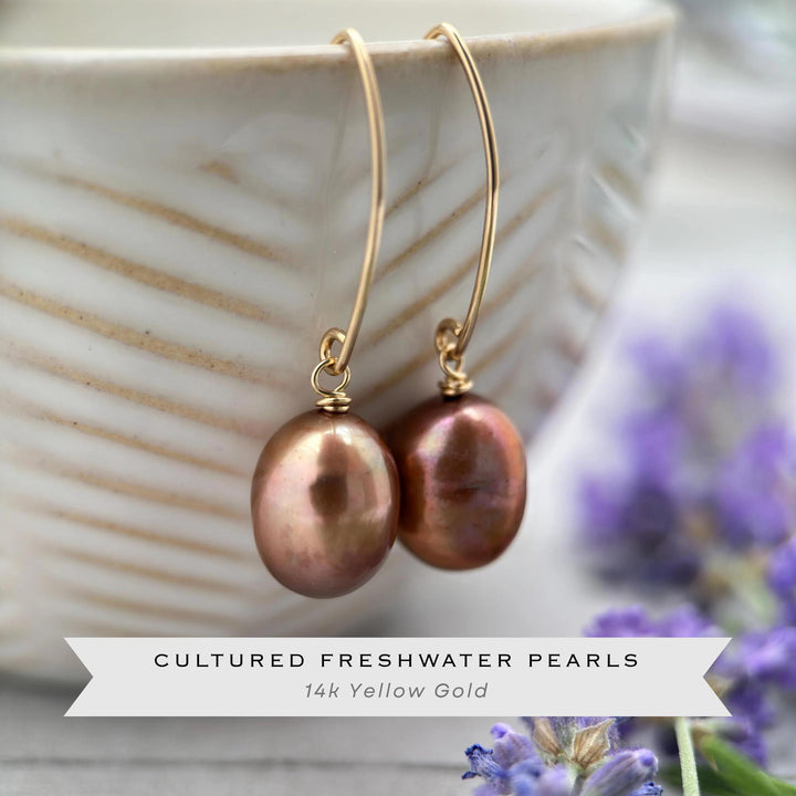 Bronze Brown Freshwater Pearl and 14k Yellow Gold Earrings - Copper Brown - SunlightSilver