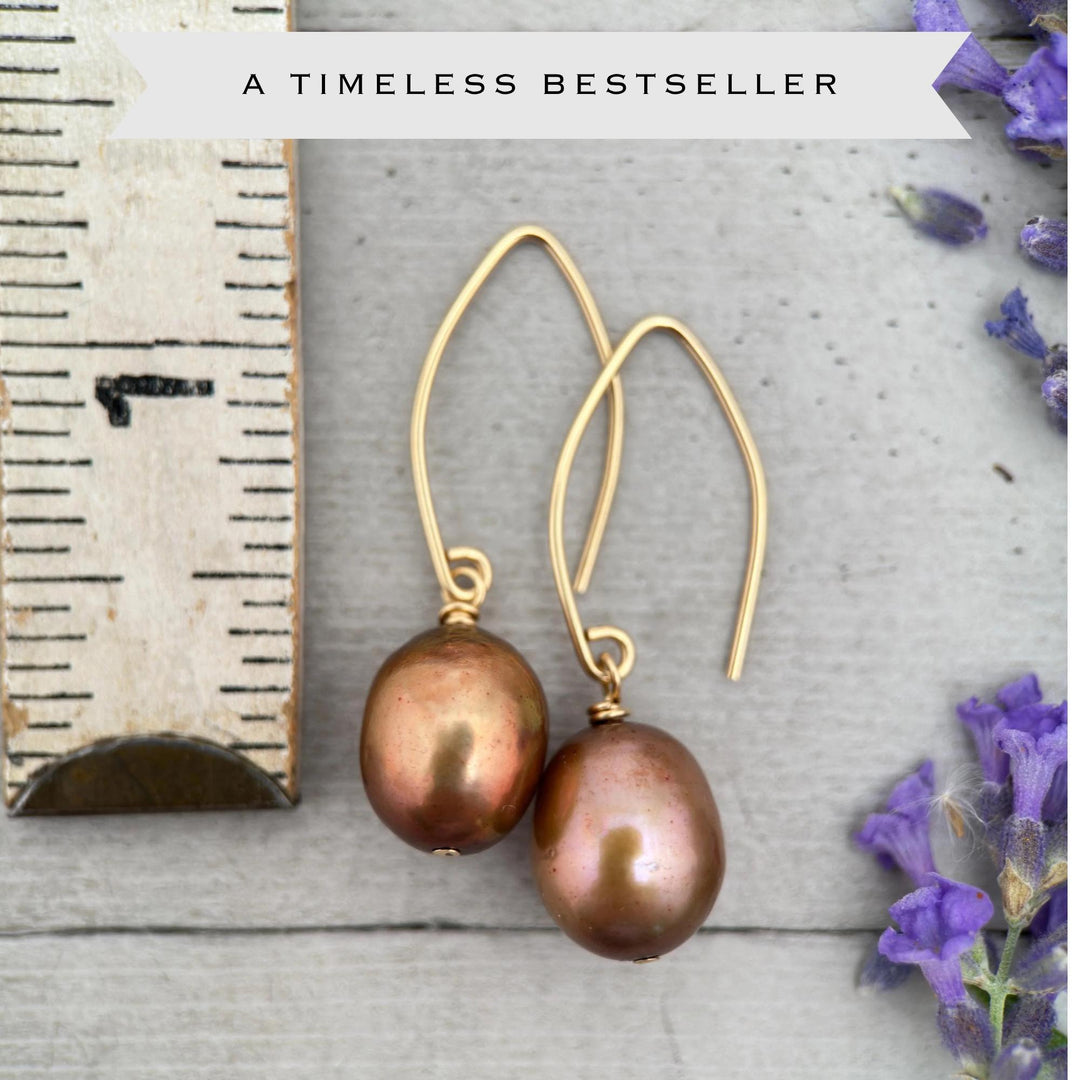 Bronze Brown Freshwater Pearl and 14k Yellow Gold Earrings - Copper Brown - SunlightSilver