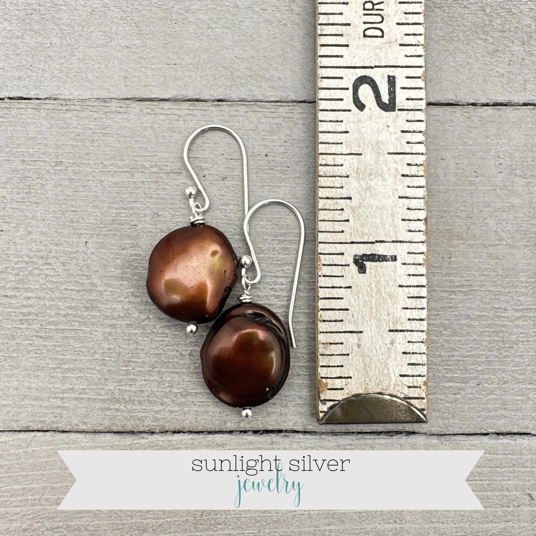 Large Brown Keshi Pearl and Solid 925 Sterling Silver Earrings - SunlightSilver