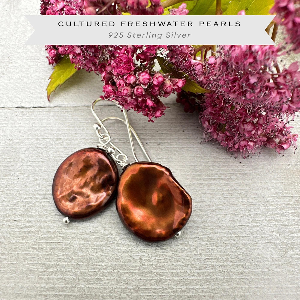 Large Brown Keshi Pearl and Solid 925 Sterling Silver Earrings - SunlightSilver