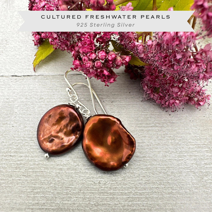 Large Brown Keshi Pearl and Solid 925 Sterling Silver Earrings - SunlightSilver