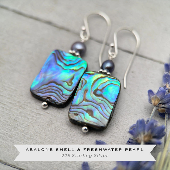 Paua Abalone Shell, Freshwater Pearl, and Sterling Silver Earrings - SunlightSilver