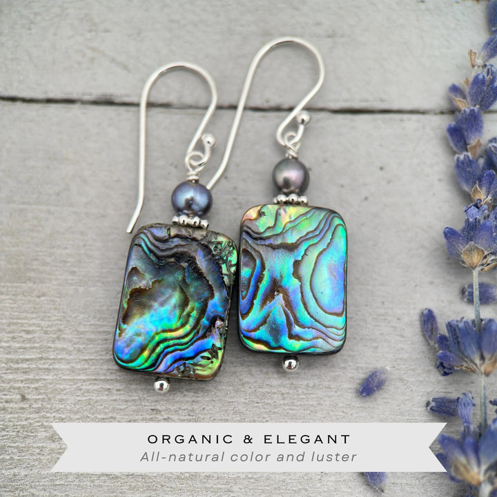 Paua Abalone Shell, Freshwater Pearl, and Sterling Silver Earrings - SunlightSilver