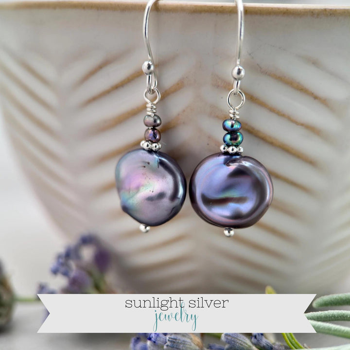 Peacock Baroque Coin Pearl Earrings – Iridescent Freshwater Pearls with Sterling Silver – Handmade in the USA - SunlightSilver