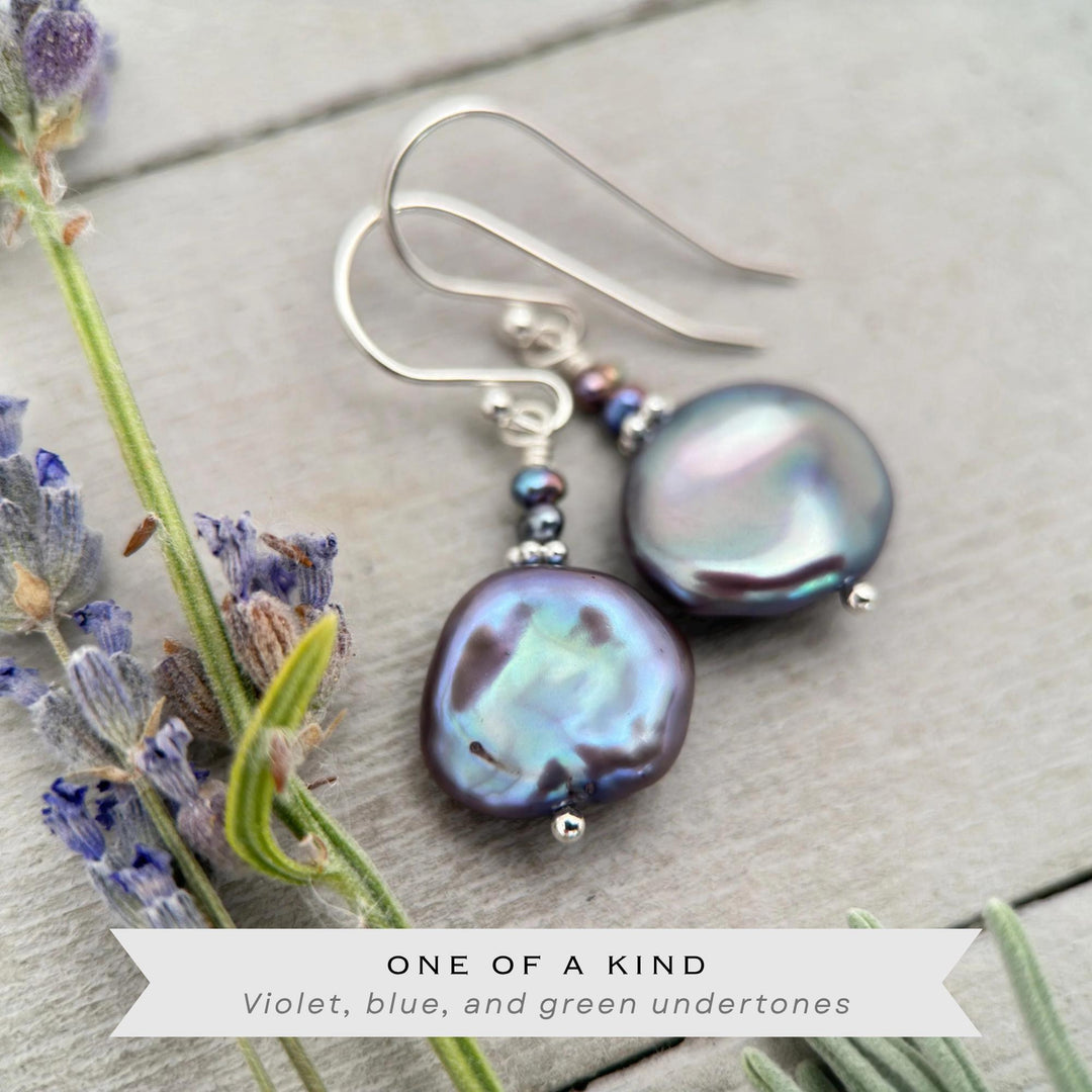 Peacock Baroque Coin Pearl Earrings – Iridescent Freshwater Pearls with Sterling Silver – Handmade in the USA - SunlightSilver