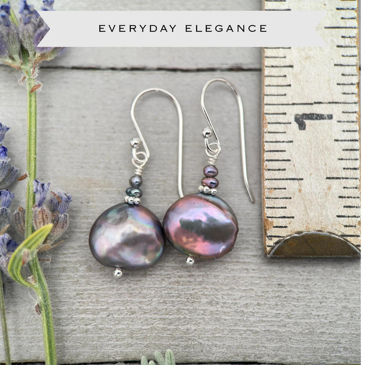 Peacock Baroque Coin Pearl Earrings – Iridescent Freshwater Pearls with Sterling Silver – Handmade in the USA - SunlightSilver