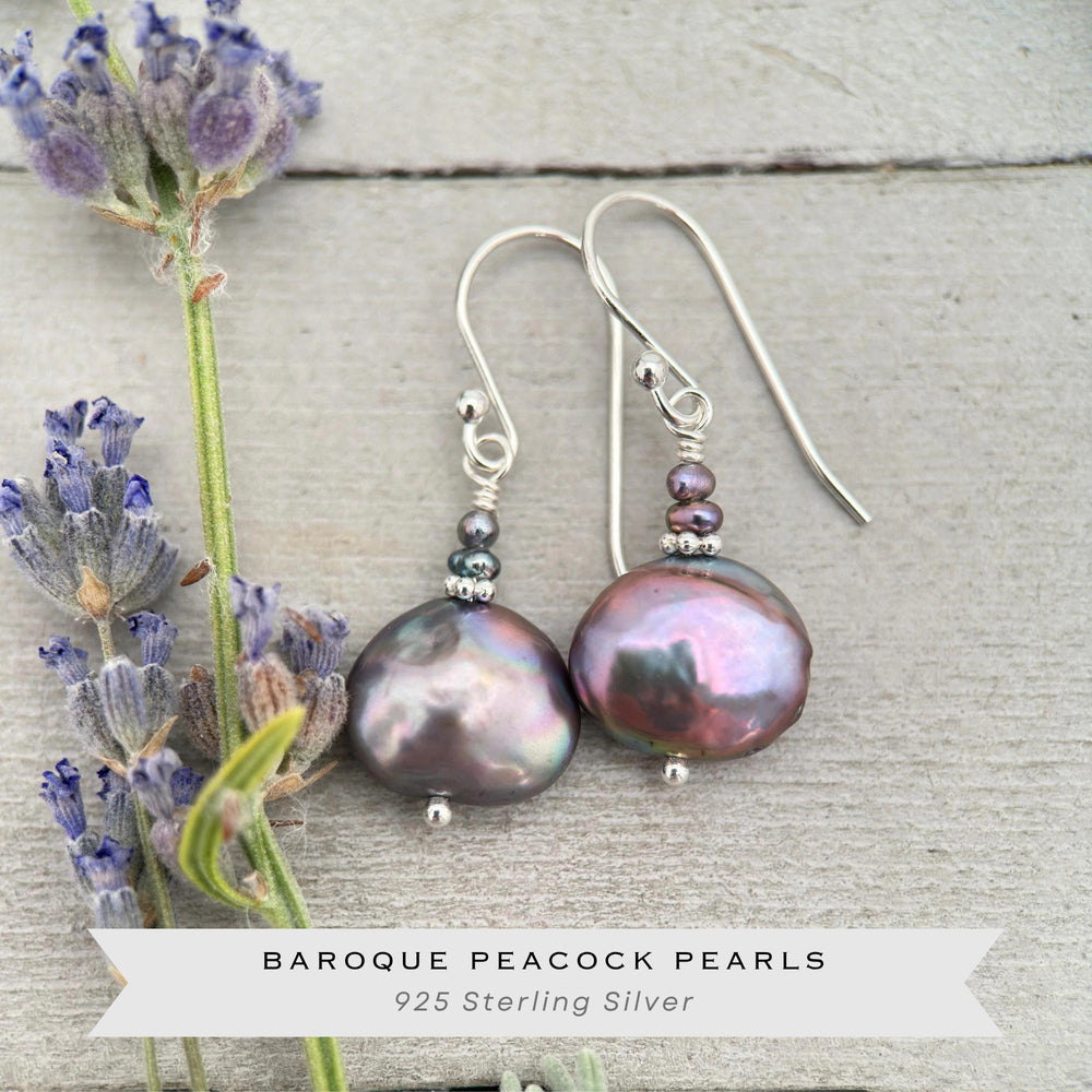Peacock Baroque Coin Pearl Earrings – Iridescent Freshwater Pearls with Sterling Silver – Handmade in the USA - SunlightSilver