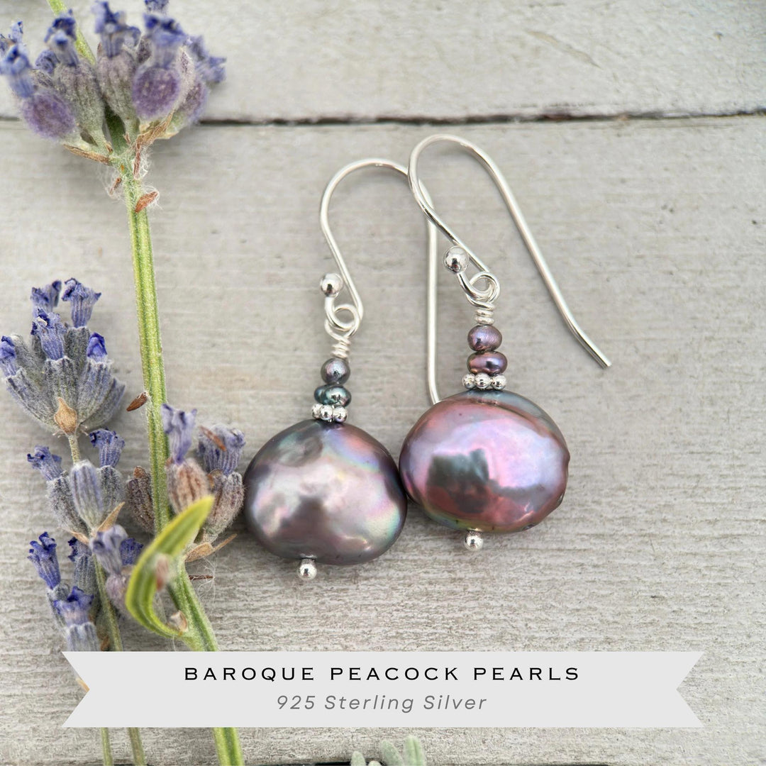 Peacock Baroque Coin Pearl Earrings – Iridescent Freshwater Pearls with Sterling Silver – Handmade in the USA - SunlightSilver